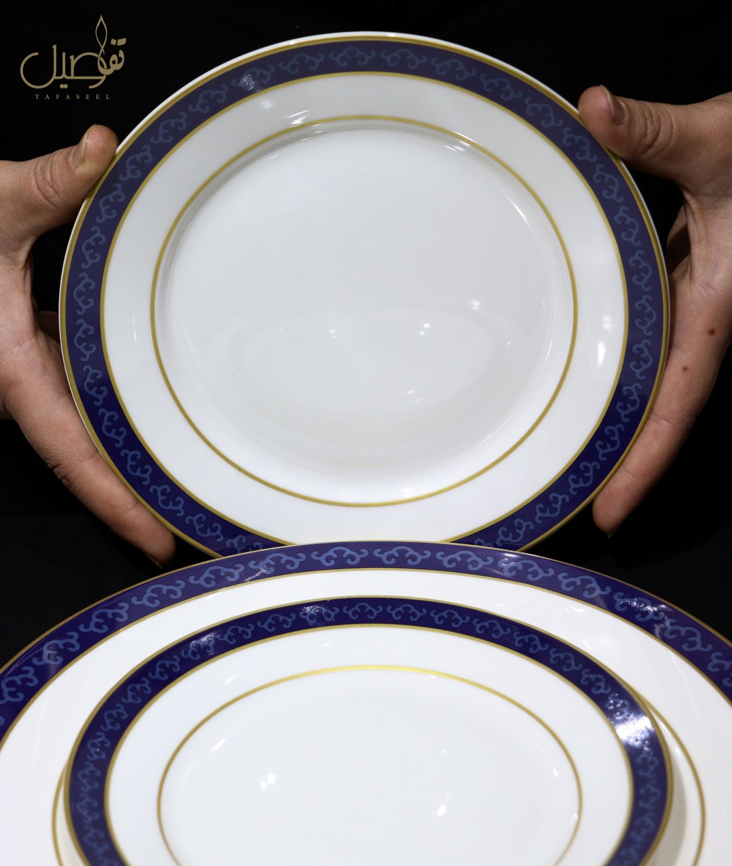 ✨ طقم صحون أنيق بتصميم كلاسيكي يجمع بين الأبيض والأزرق ✨
