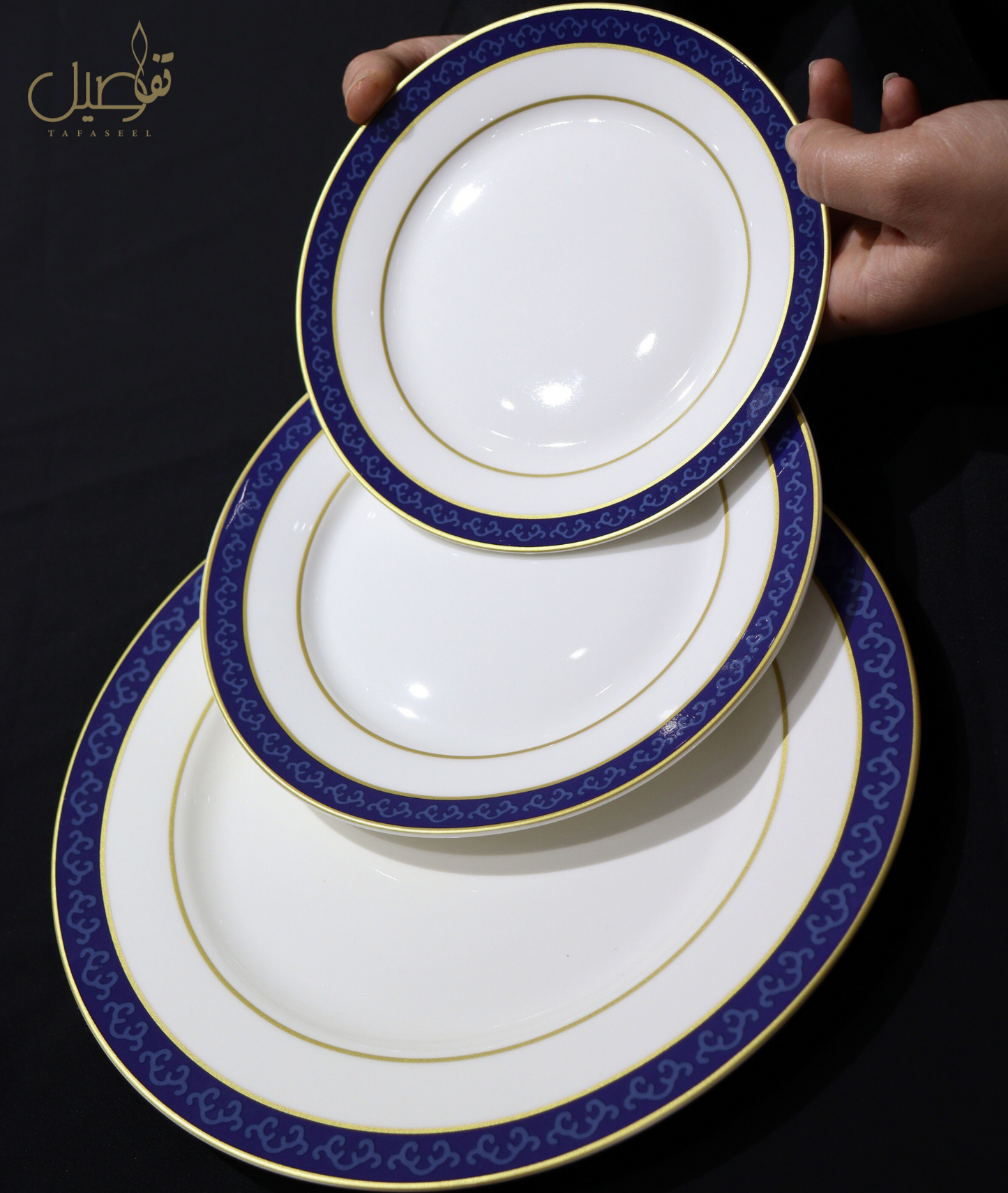 ✨ طقم صحون أنيق بتصميم كلاسيكي يجمع بين الأبيض والأزرق ✨