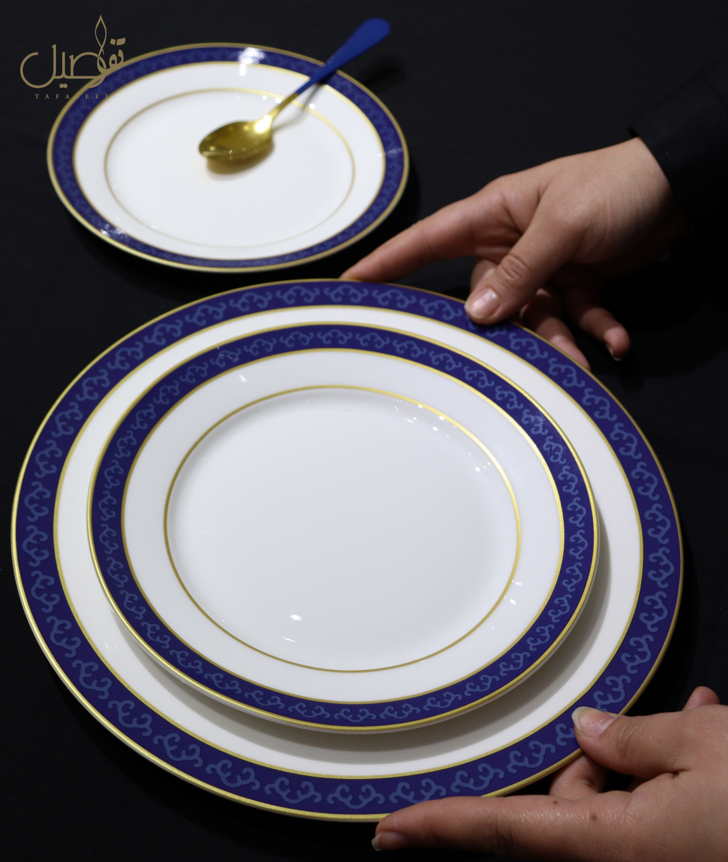 ✨ طقم صحون أنيق بتصميم كلاسيكي يجمع بين الأبيض والأزرق ✨